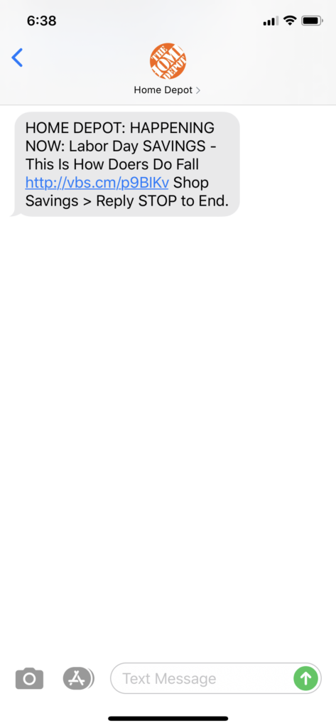 Home Depot Text Message Marketing Example - 08.20.2020