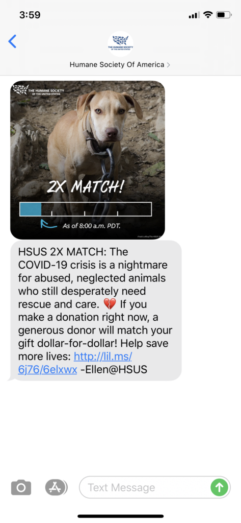 Humane Society Text Message Marketing Example - 08.25.2020
