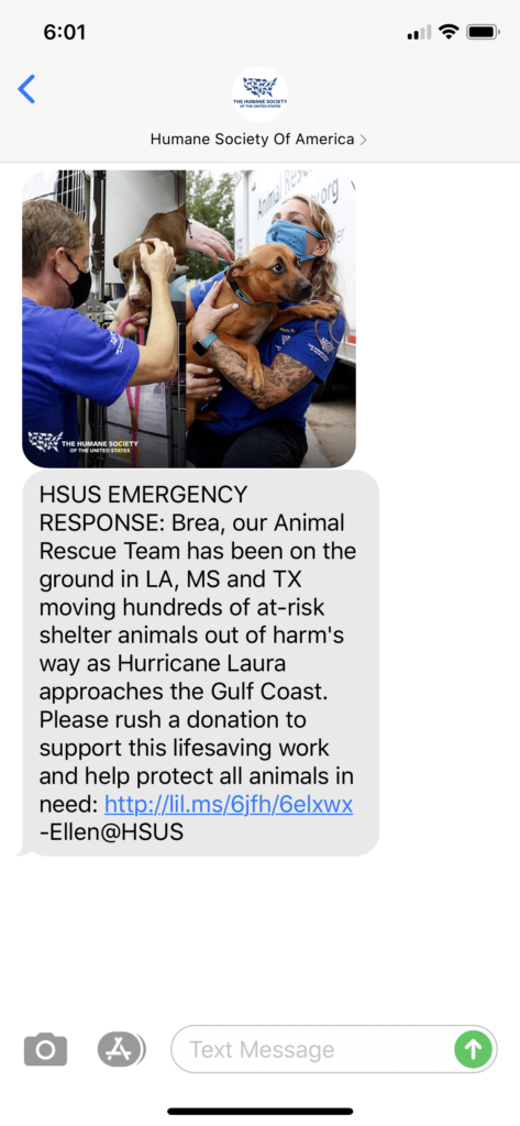 Humane Society Text Message Marketing Example - 08.26.2020