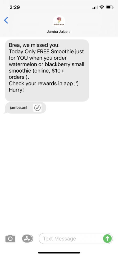 Jamba Juice Text Message Marketing Example - 08.30.2020
