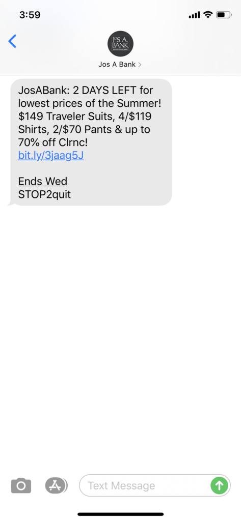 Jos A Bank Text Message Marketing Example - 08.25.2020