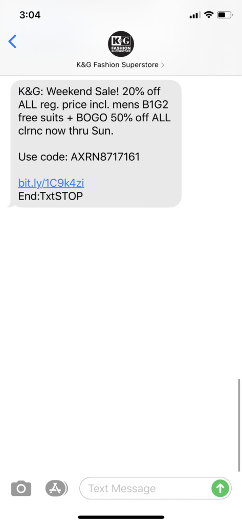 KG Superstore Text Message Marketing Example - 08.28.2020