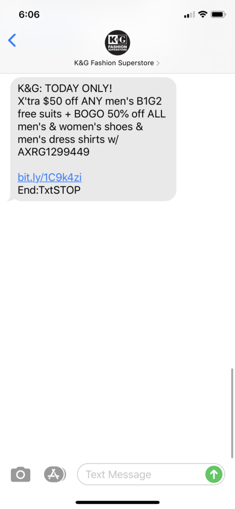 KG Superstores Text Message Marketing Example - 08.26.2020