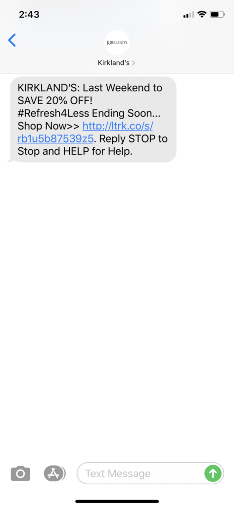 Kirkland’s Text Message Marketing Example - 08.29.2020