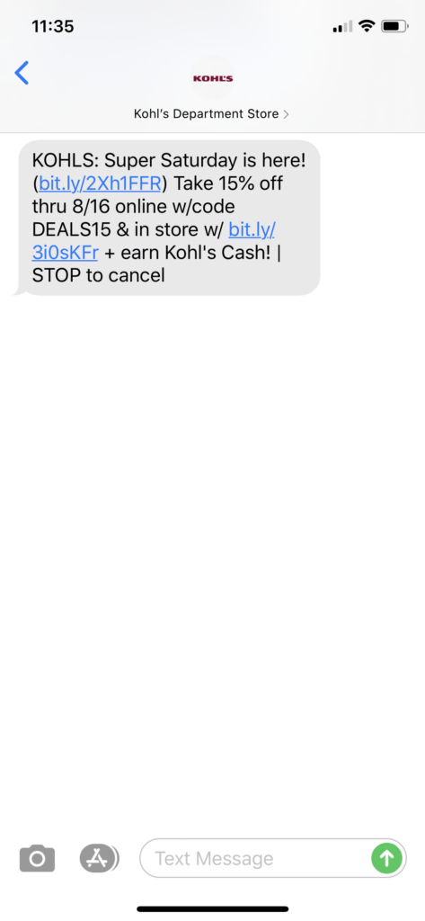 Kohl’s Text Message Marketing Example - 08.15.2020