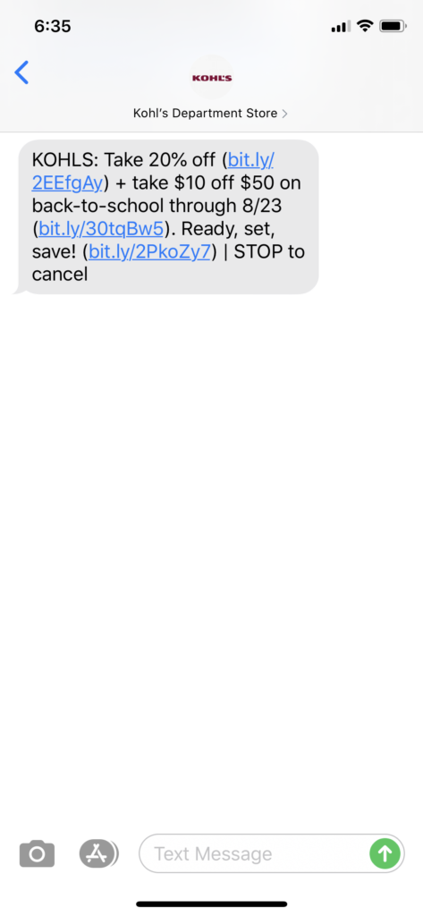 Kohl’s Text Message Marketing Example - 08.20.2020