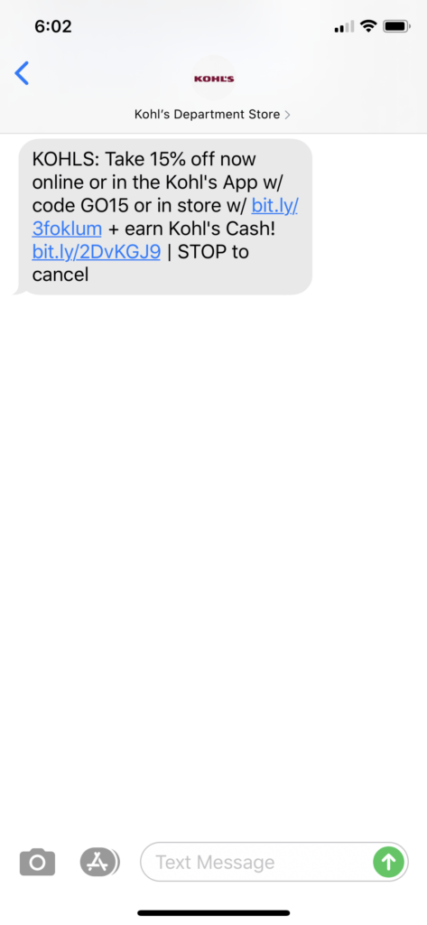 Kohl’s Text Message Marketing Example - 08.26.2020