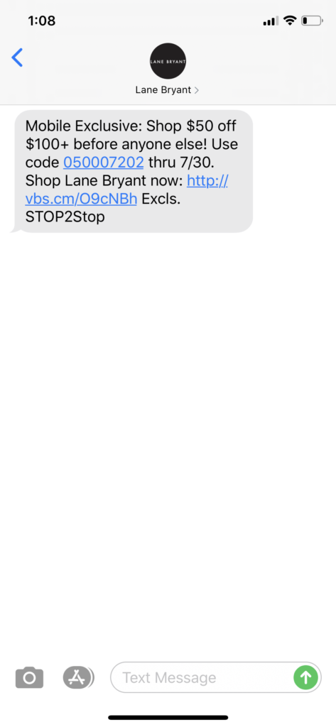 Lane Bryant Text Message Marketing Example - 07.29.2020