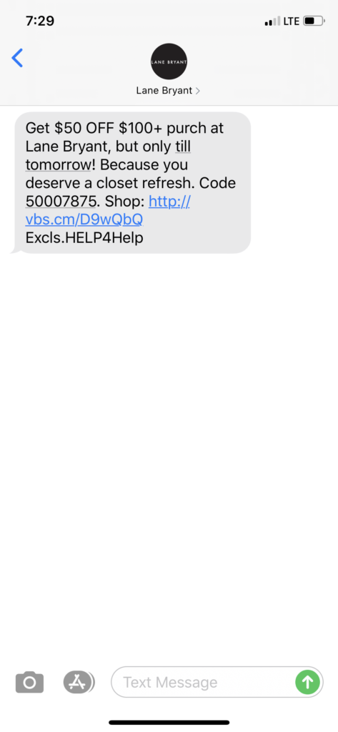 Lane Bryant Text Message Marketing Example - 08.05.2020