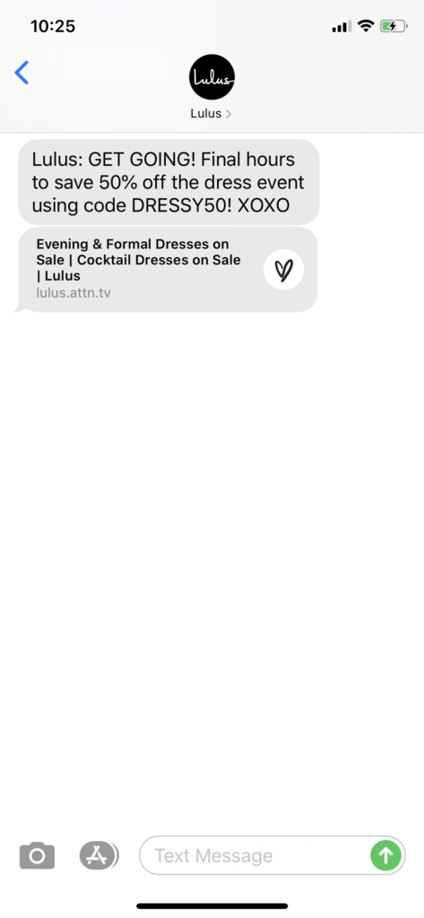 Lulus Text Message Marketing Example - 08.27.2020
