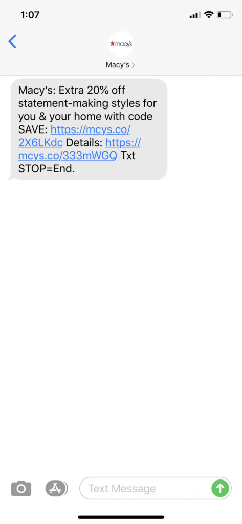 Macy’s Text Message Marketing Example - 07.29.2020
