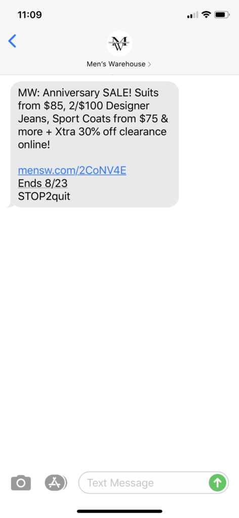 Men’s Warehouse Text Message Marketing Example - 08.16.2020