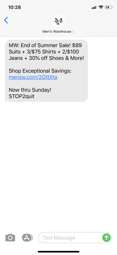 Men’s Warehouse Text Message Marketing Example - 08.27.2020