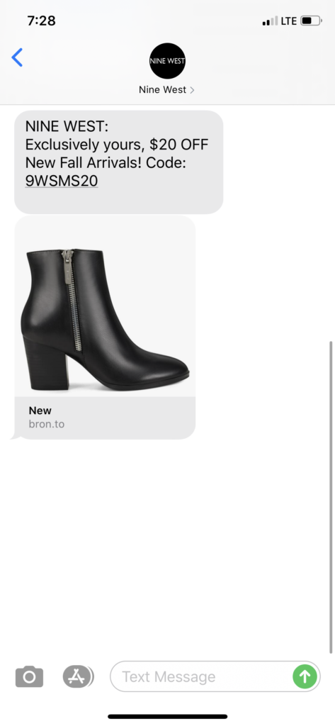 Nine West Text Message Marketing Example - 08.05.2020