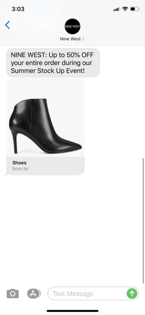 Nine West Text Message Marketing Example - 08.28.2020