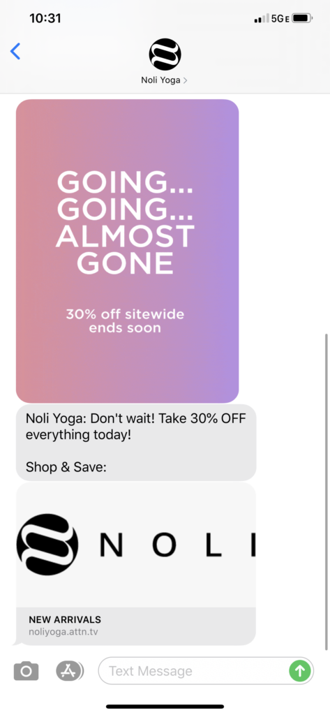 Noli Yoga Text Message Marketing Example - 08.01.2020