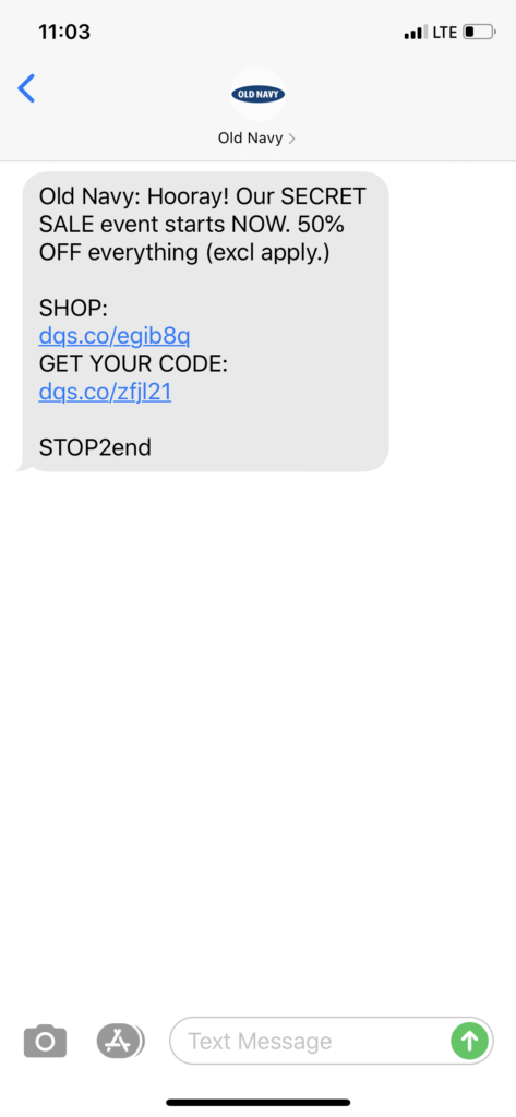 Old Navy Text Message Marketing Example - 08.01.2020