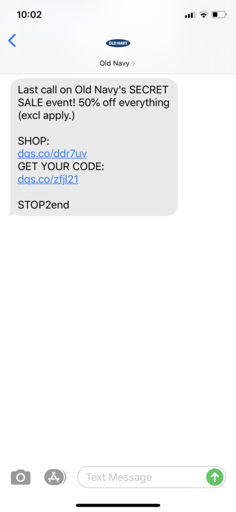 Old Navy Text Message Marketing Example - 08.02.2020