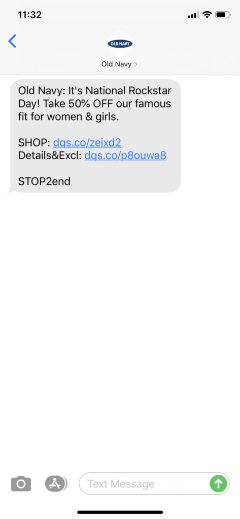 Old Navy Text Message Marketing Example - 08.15.2020