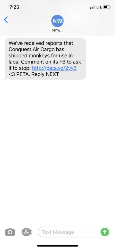 PETA Text Message Marketing Example - 08.05.2020