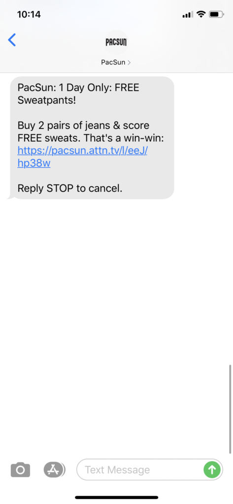 PacSun Text Message Marketing Example - 08.18.2020
