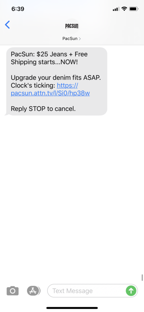 PacSun Text Message Marketing Example - 08.20.2020