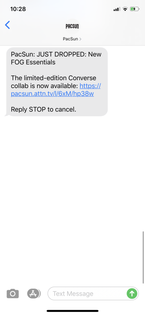 PacSun Text Message Marketing Example - 08.27.2020