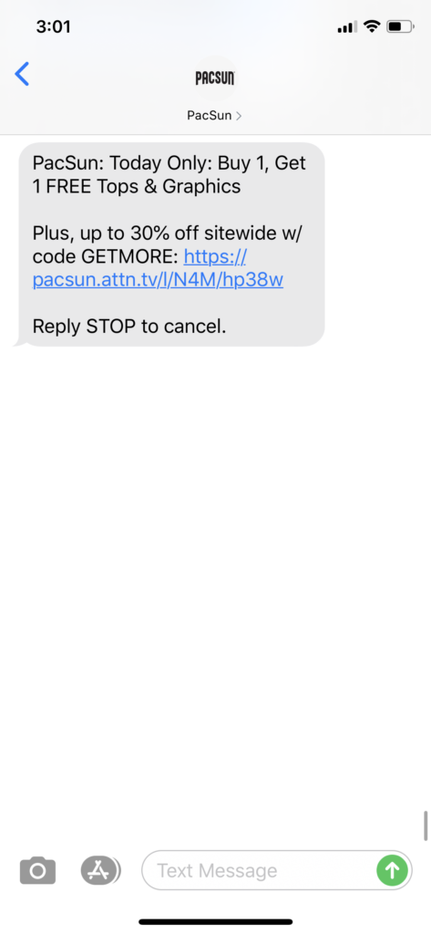 PacSun Text Message Marketing Example - 08.28.2020