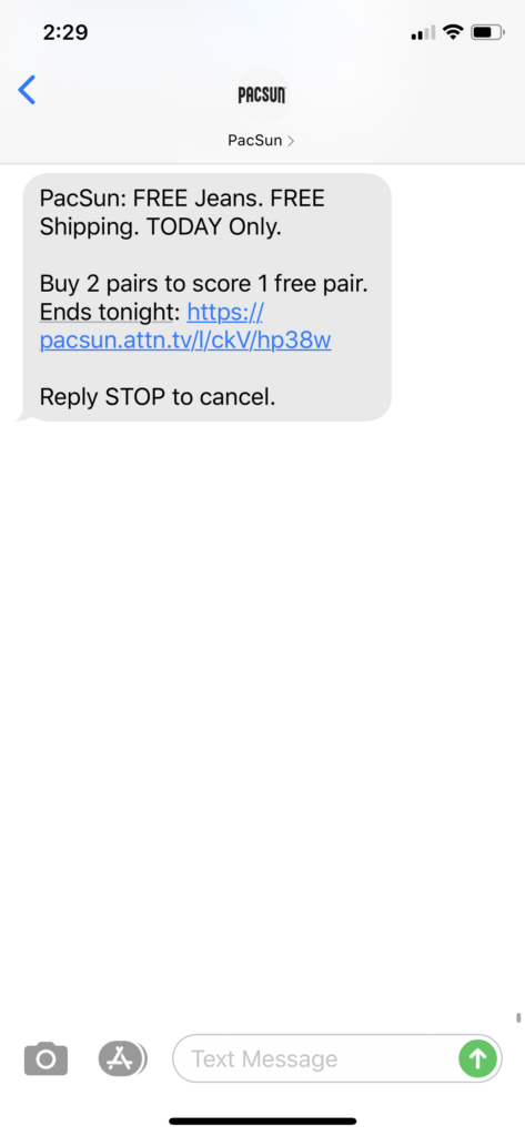 PacSun Text Message Marketing Example - 08.30.2020