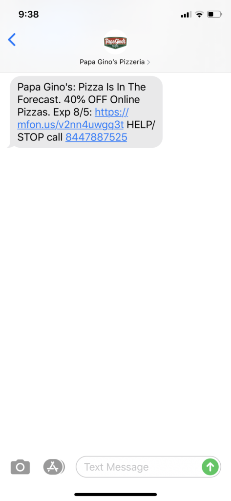 Papa Gino’s Pizzeria Text Message Marketing Example - 08.03.2020