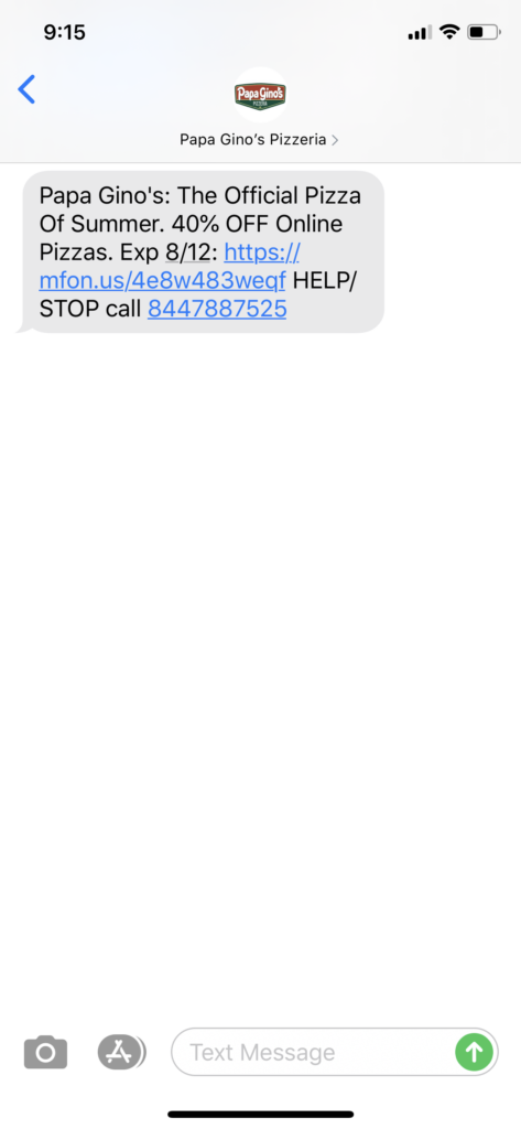 Papa Gino’s Pizzeria Text Message Marketing Example - 08.10.2020
