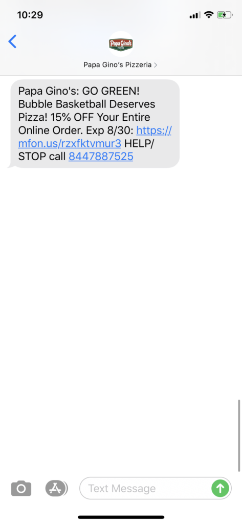Papa Gino’s Pizzeria Text Message Marketing Example - 08.27.2020