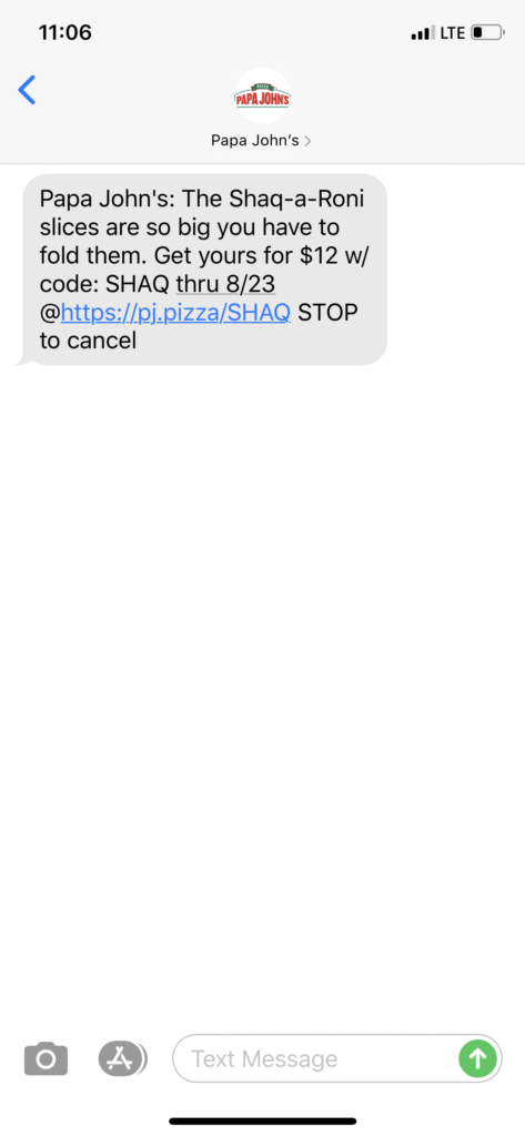 Papa John’s Text Message Marketing Example - 08.01.2020