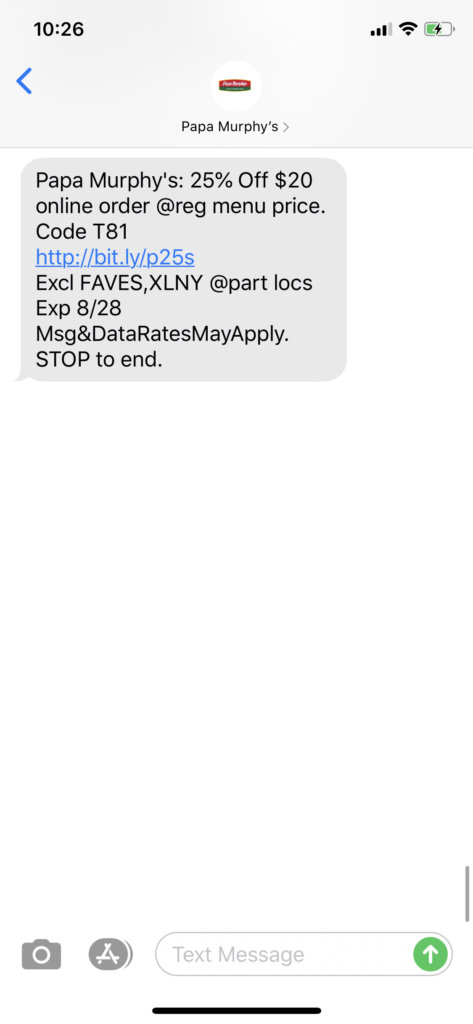 Papa Murphy’s Text Message Marketing Example - 08.27.2020