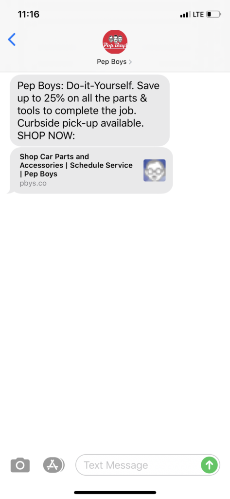 Pep Boys Text Message Marketing Example - 07.31.2020