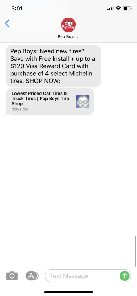 Pep Boys Text Message Marketing Example - 08.28.2020