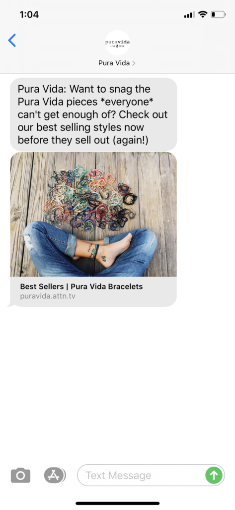 Pura Vida Text Message Marketing Example - 07.29.2020
