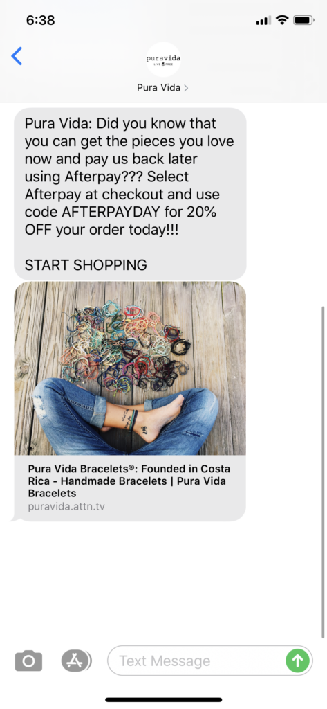 Pura Vida Text Message Marketing Example - 08.20.2020