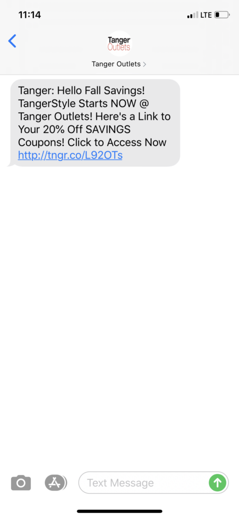 Tanger Outlets Text Message Marketing Example - 07.31.2020
