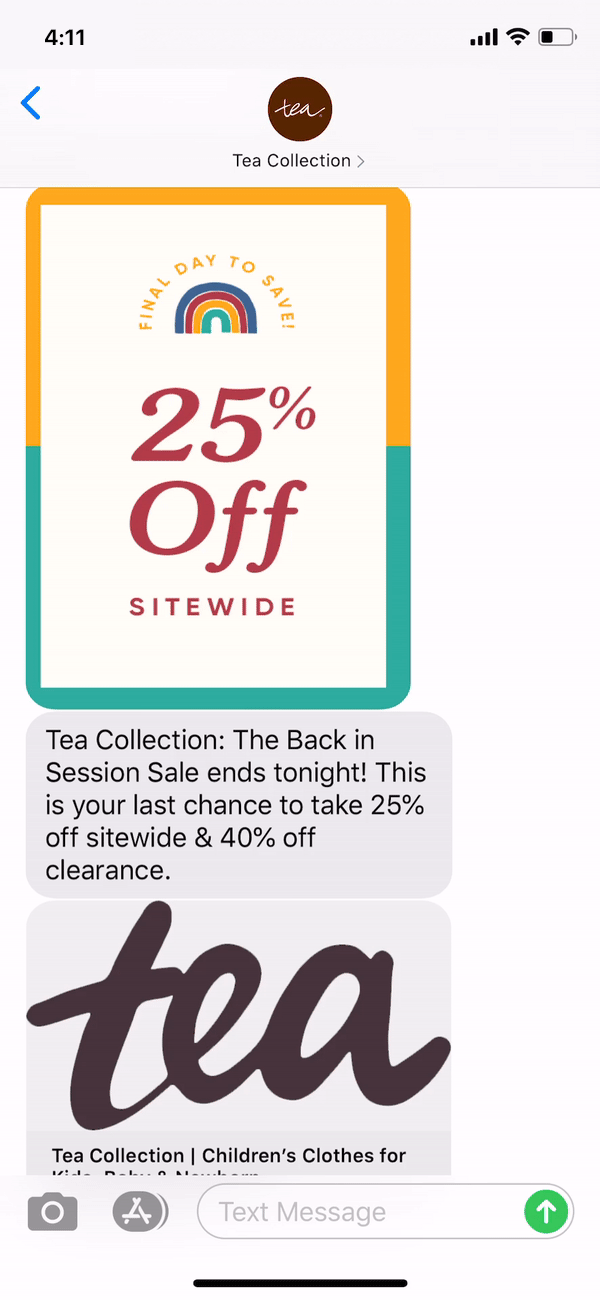 Tea Collection Text Message Marketing Example - 08.23.2020