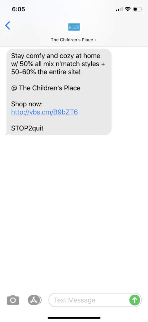 The Children’s Place Text Message Marketing Example - 08.27.2020