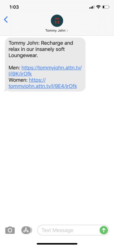 Tommy John Text Message Marketing Example - 07.29.2020