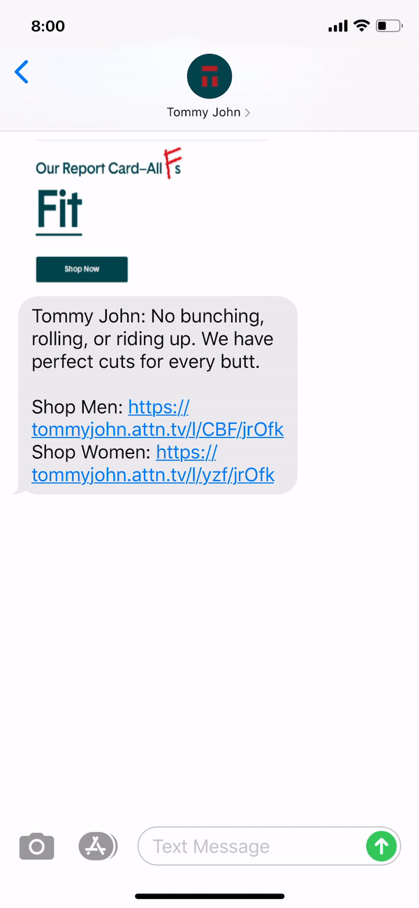 Tommy John Text Message Marketing Example - 08.02.2020