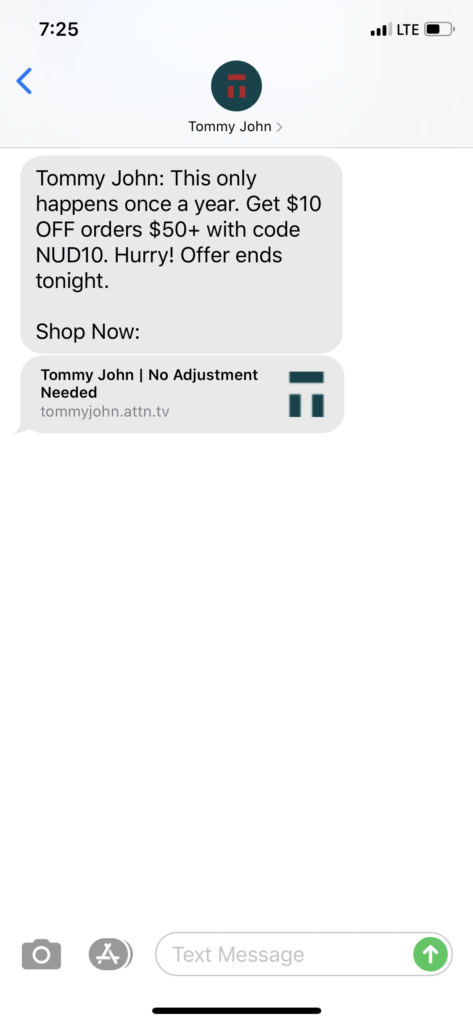 Tommy John Text Message Marketing Example - 08.05.2020