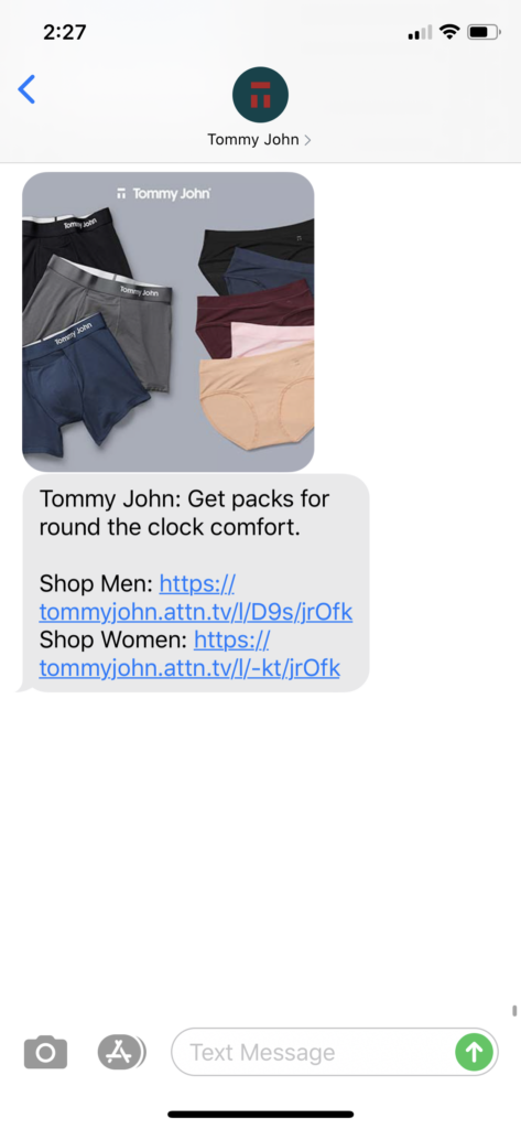 Tommy John Text Message Marketing Example - 08.30.2020