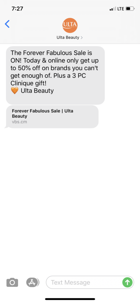 Ulta Beauty Text Message Marketing Example - 08.05.2020