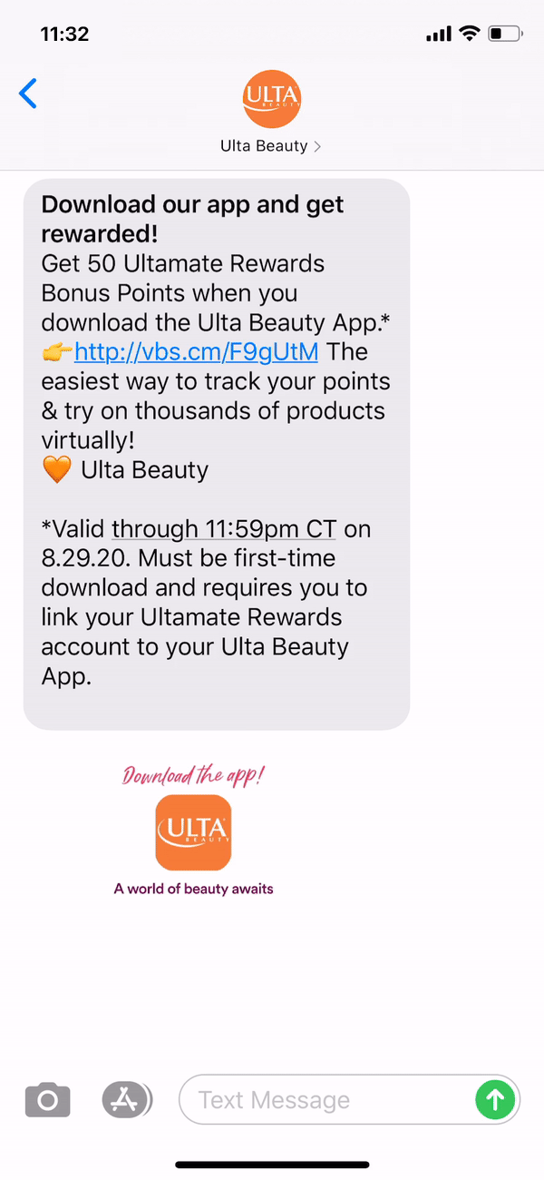 Ulta Beauty Text Message Marketing Example - 08.15.2020