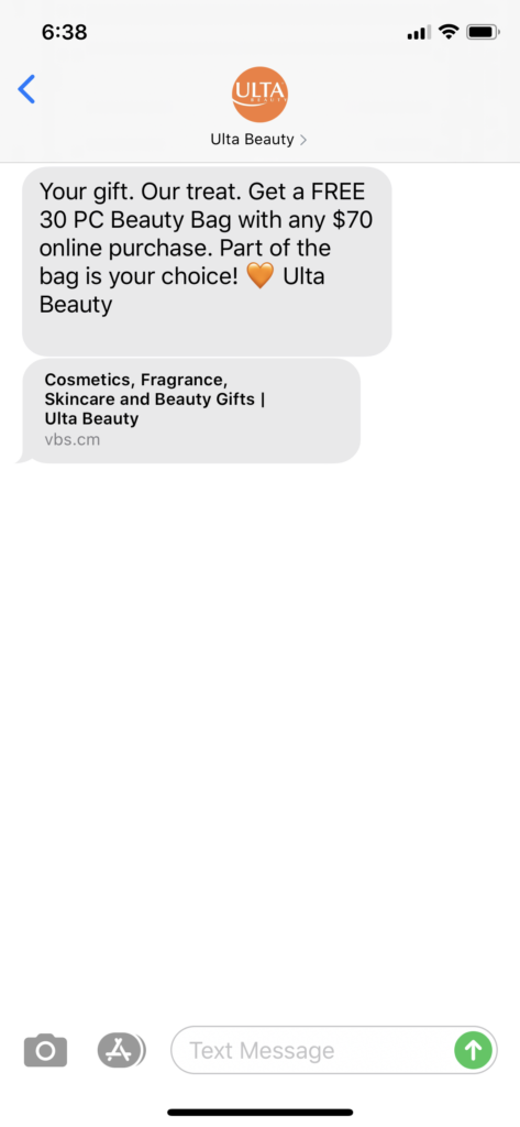 Ulta Beauty Text Message Marketing Example - 08.20.2020