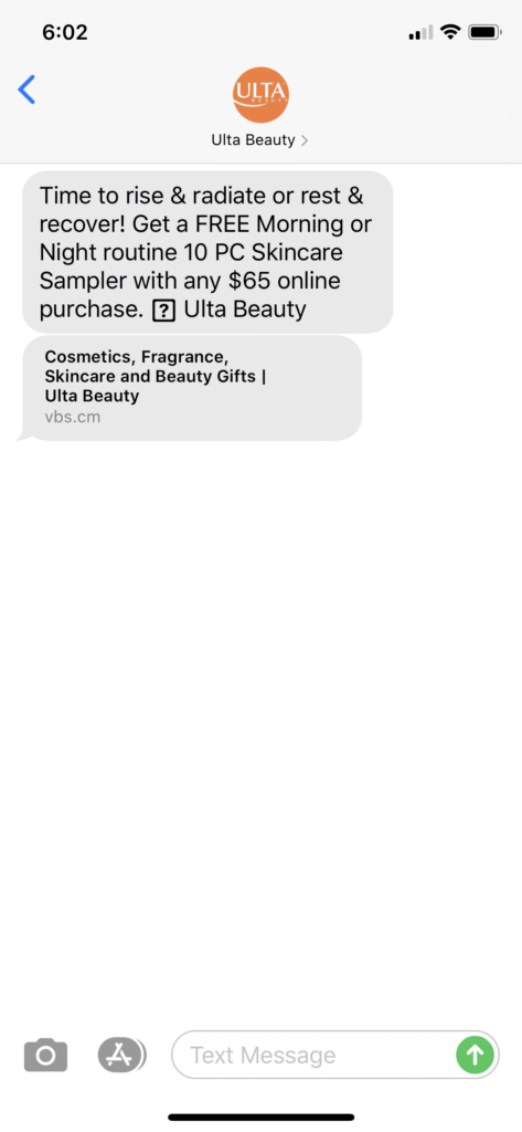 Ulta Beauty Text Message Marketing Example - 08.26.2020