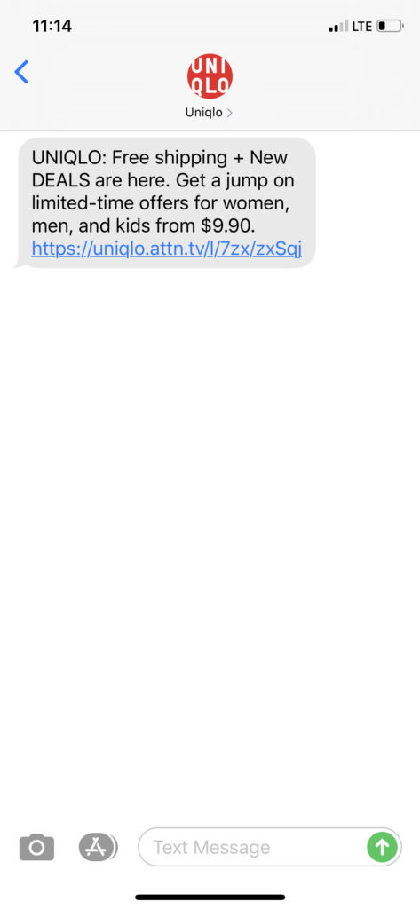 Uniqlo Text Message Marketing Example - 07.31.2020